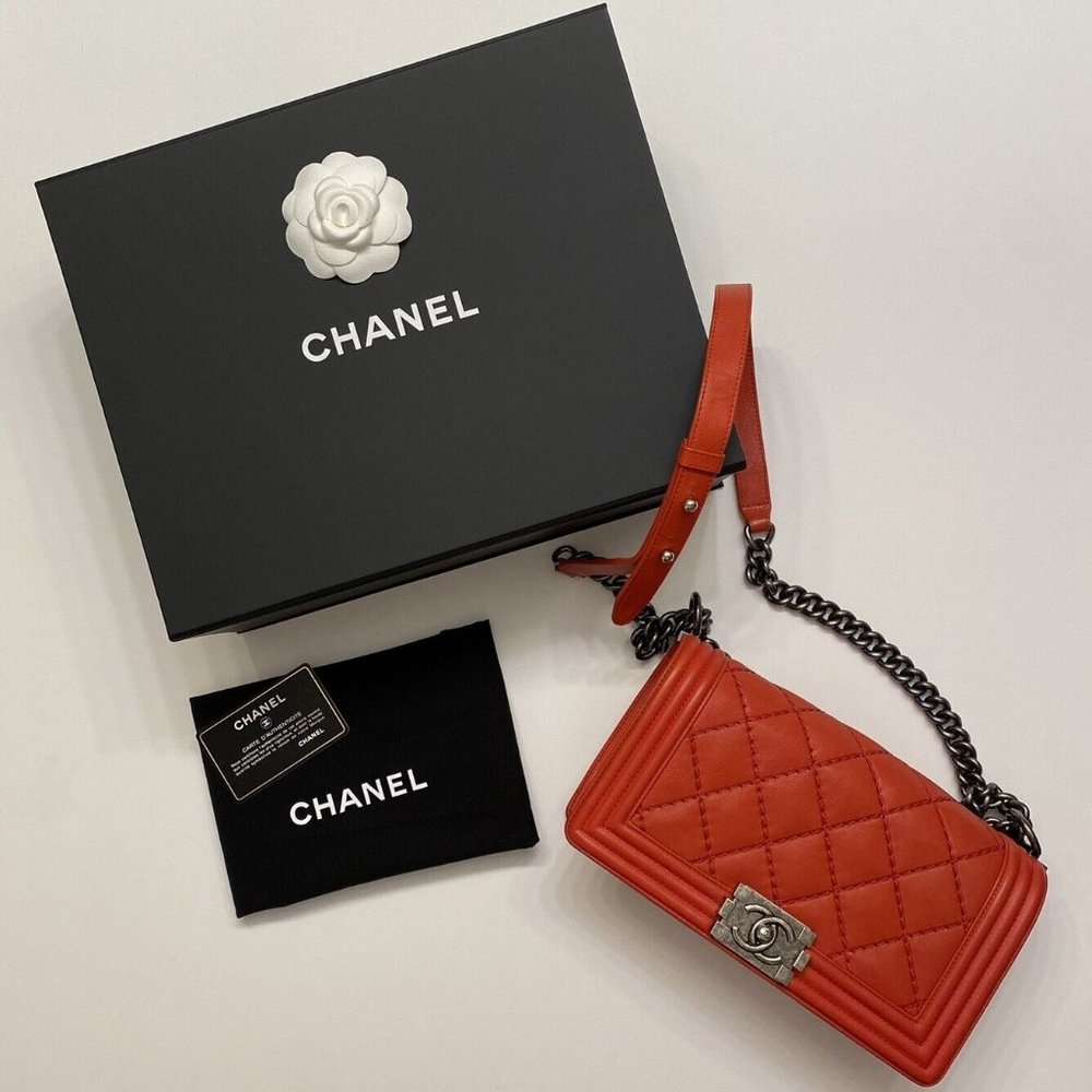 CHANEL Medium CC Red Quilted Calfskin & Ruthenium-Finish Metal Boy Bag